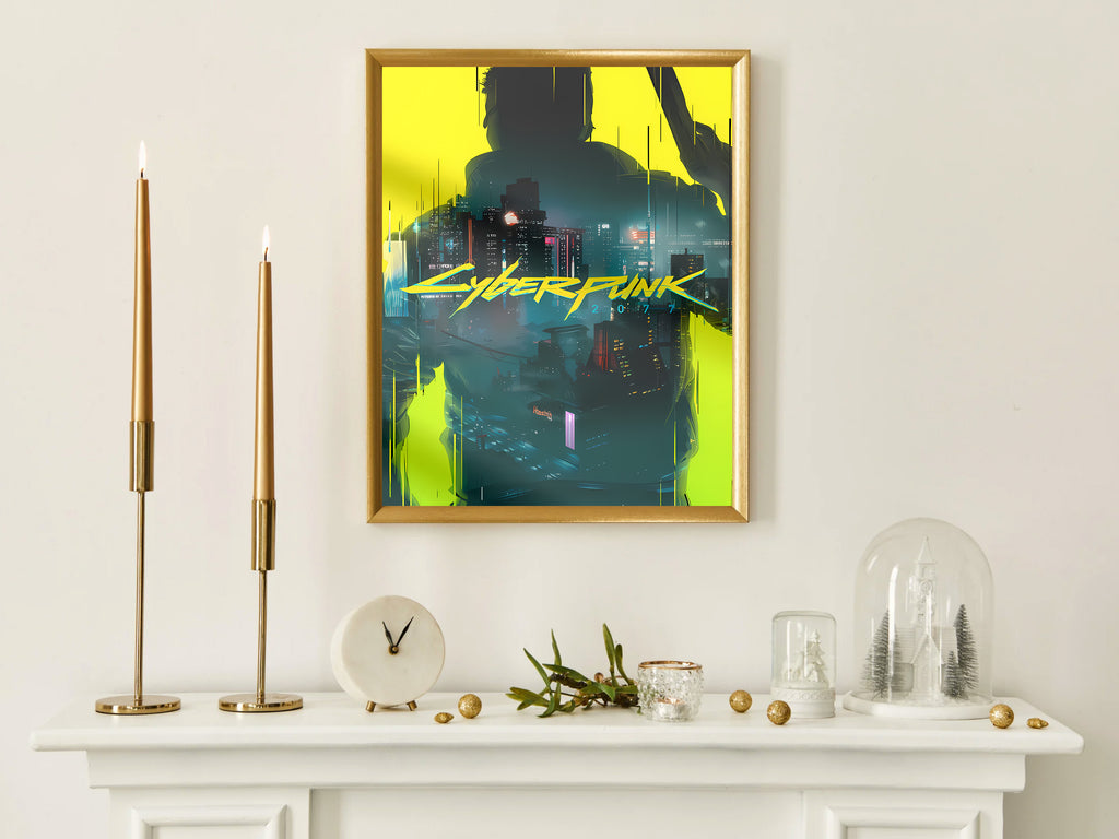Cyberpunk 2077 Silhouette Poster, Night City Neon Wall Art, Futuristic Gaming Room Decor