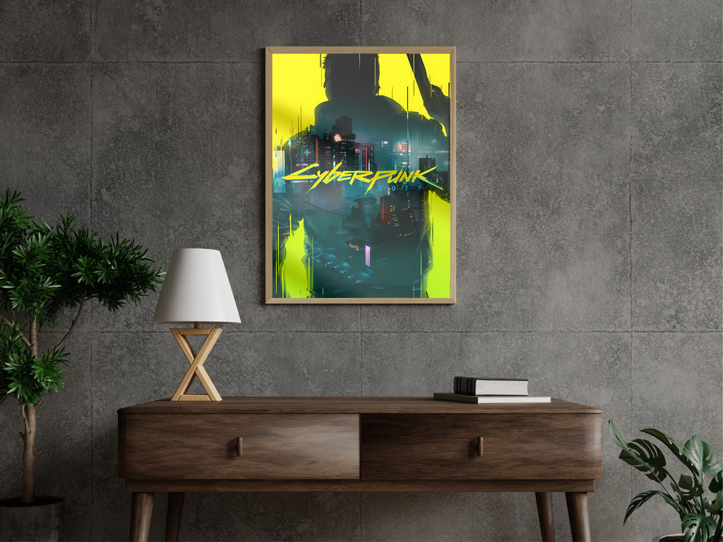 Cyberpunk 2077 Silhouette Poster, Night City Neon Wall Art, Futuristic Gaming Room Decor