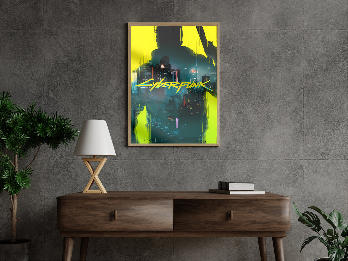 Cyberpunk 2077 Silhouette Poster, Night City Neon Wall Art, Futuristic Gaming Room Decor