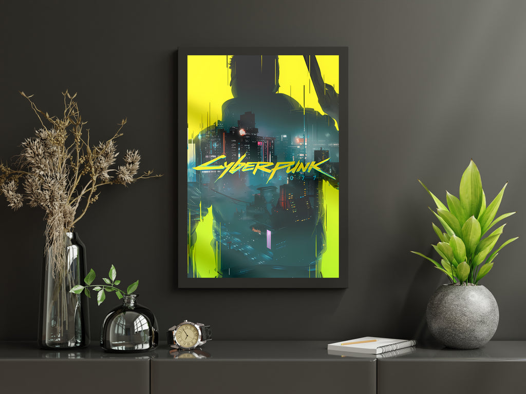 Cyberpunk 2077 Silhouette Poster, Night City Neon Wall Art, Futuristic Gaming Room Decor