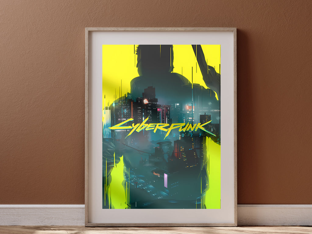 Cyberpunk 2077 Silhouette Poster, Night City Neon Wall Art, Futuristic Gaming Room Decor