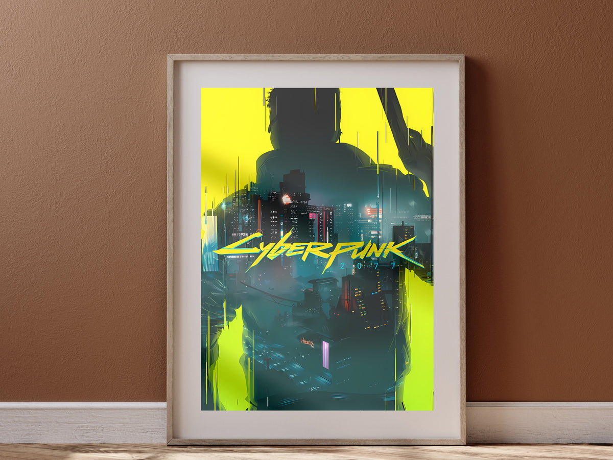 Cyberpunk 2077 Silhouette Poster, Night City Neon Wall Art, Futuristic Gaming Room Decor