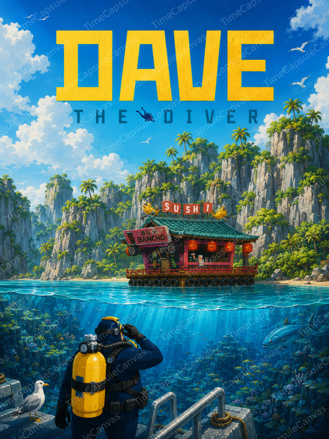 Dave the Diver Bancho Sushi Poster, Tropical Ocean Wall Art, Indie Gaming Decor
