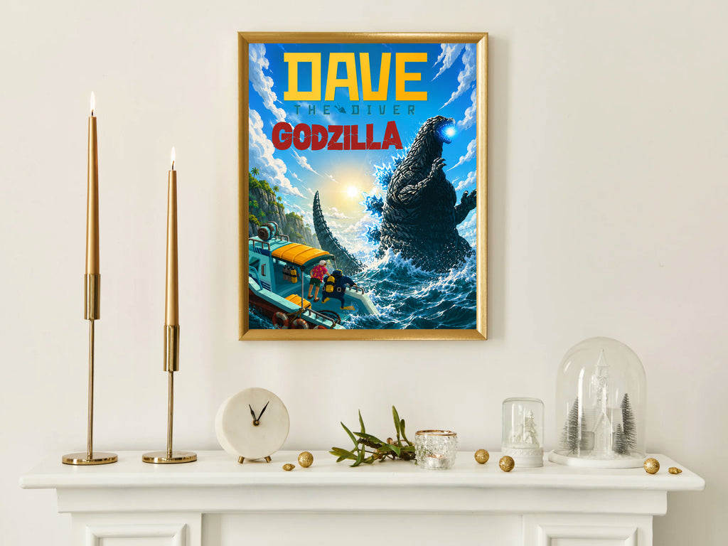 Dave the Diver Godzilla Poster, Kaiju Ocean Adventure Wall Art, Gaming Room Decor