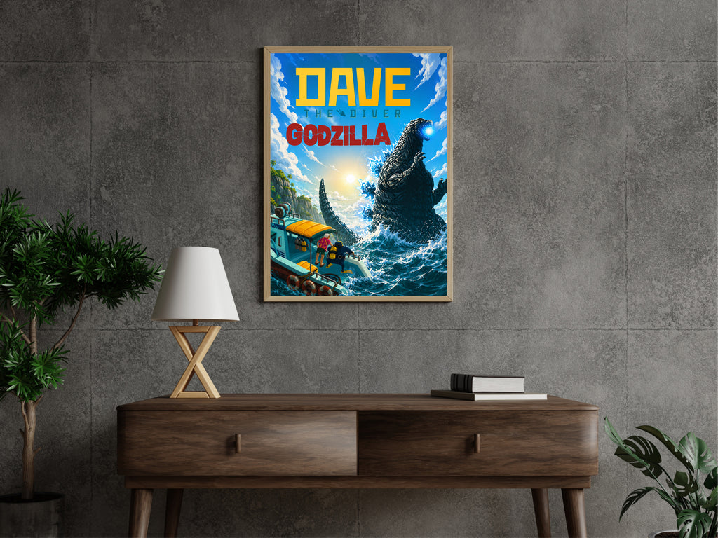 Dave the Diver Godzilla Poster, Kaiju Ocean Adventure Wall Art, Gaming Room Decor