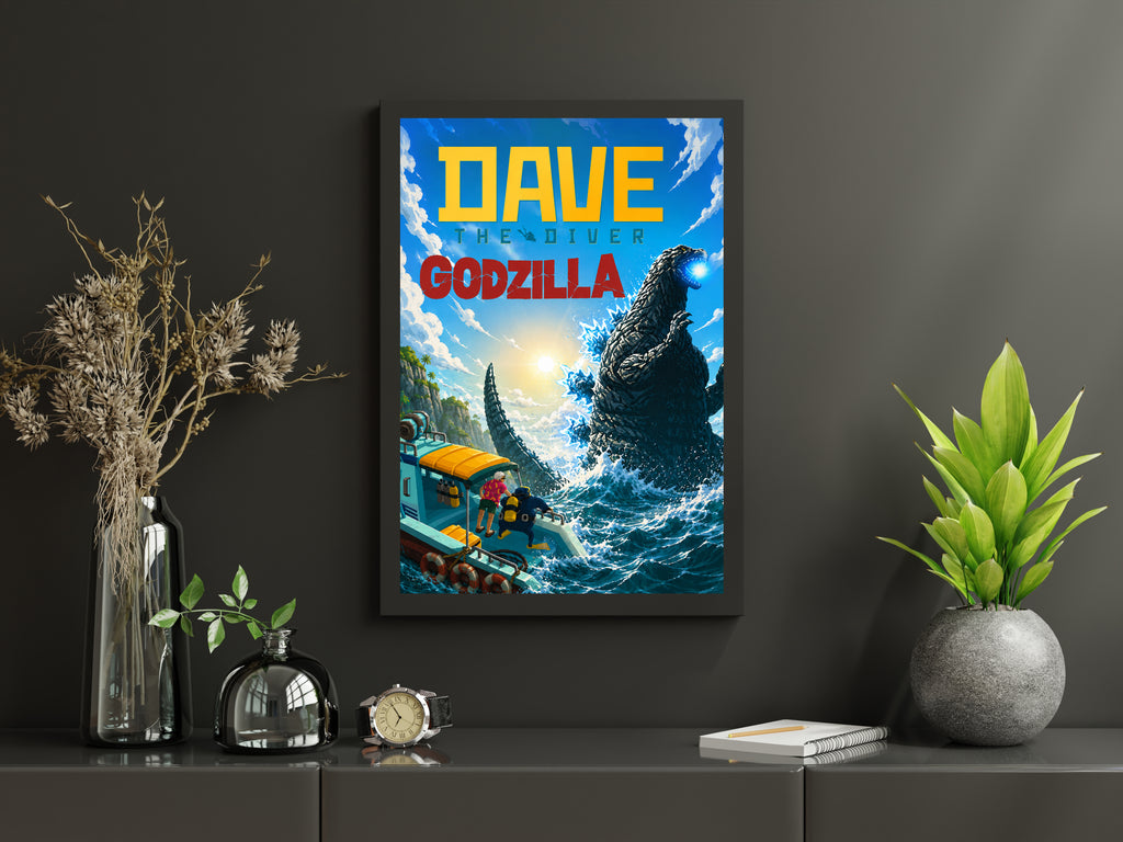 Dave the Diver Godzilla Poster, Kaiju Ocean Adventure Wall Art, Gaming Room Decor