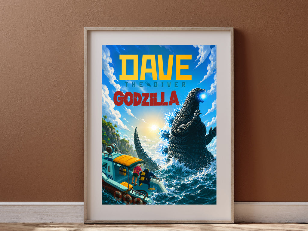 Dave the Diver Godzilla Poster, Kaiju Ocean Adventure Wall Art, Gaming Room Decor
