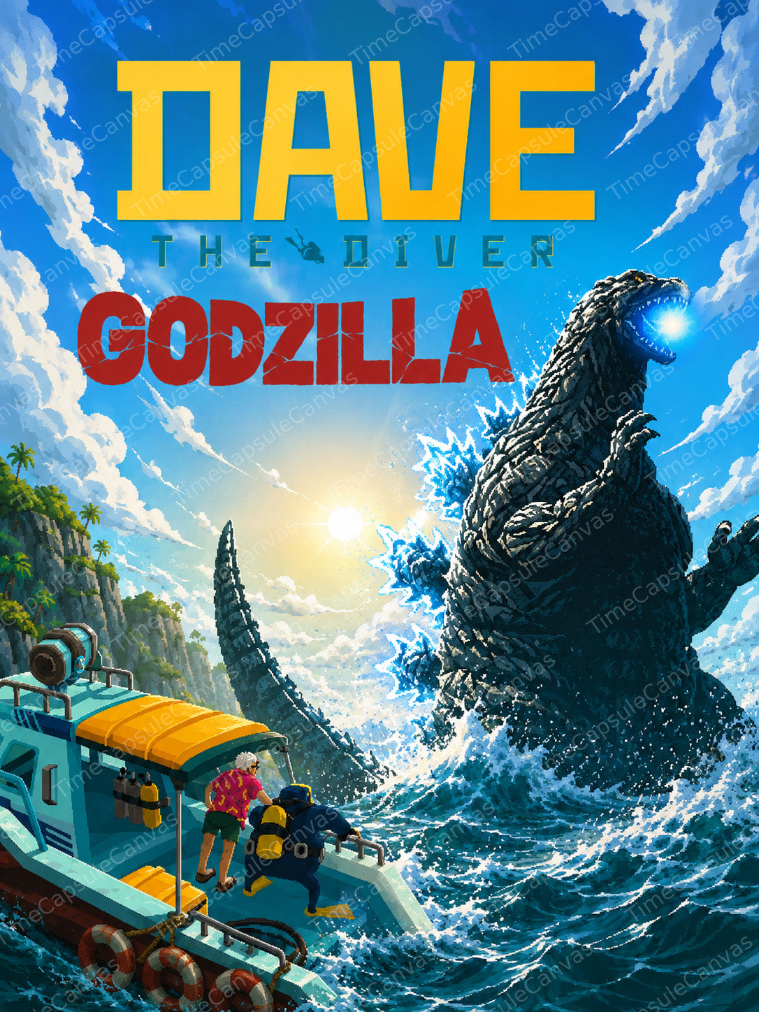Dave the Diver Godzilla Poster, Kaiju Ocean Adventure Wall Art, Gaming Room Decor