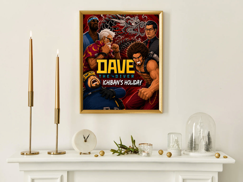 Dave the Diver Ichiban's Holiday Poster, Like a Dragon Crossover Wall Art, Gaming Decor
