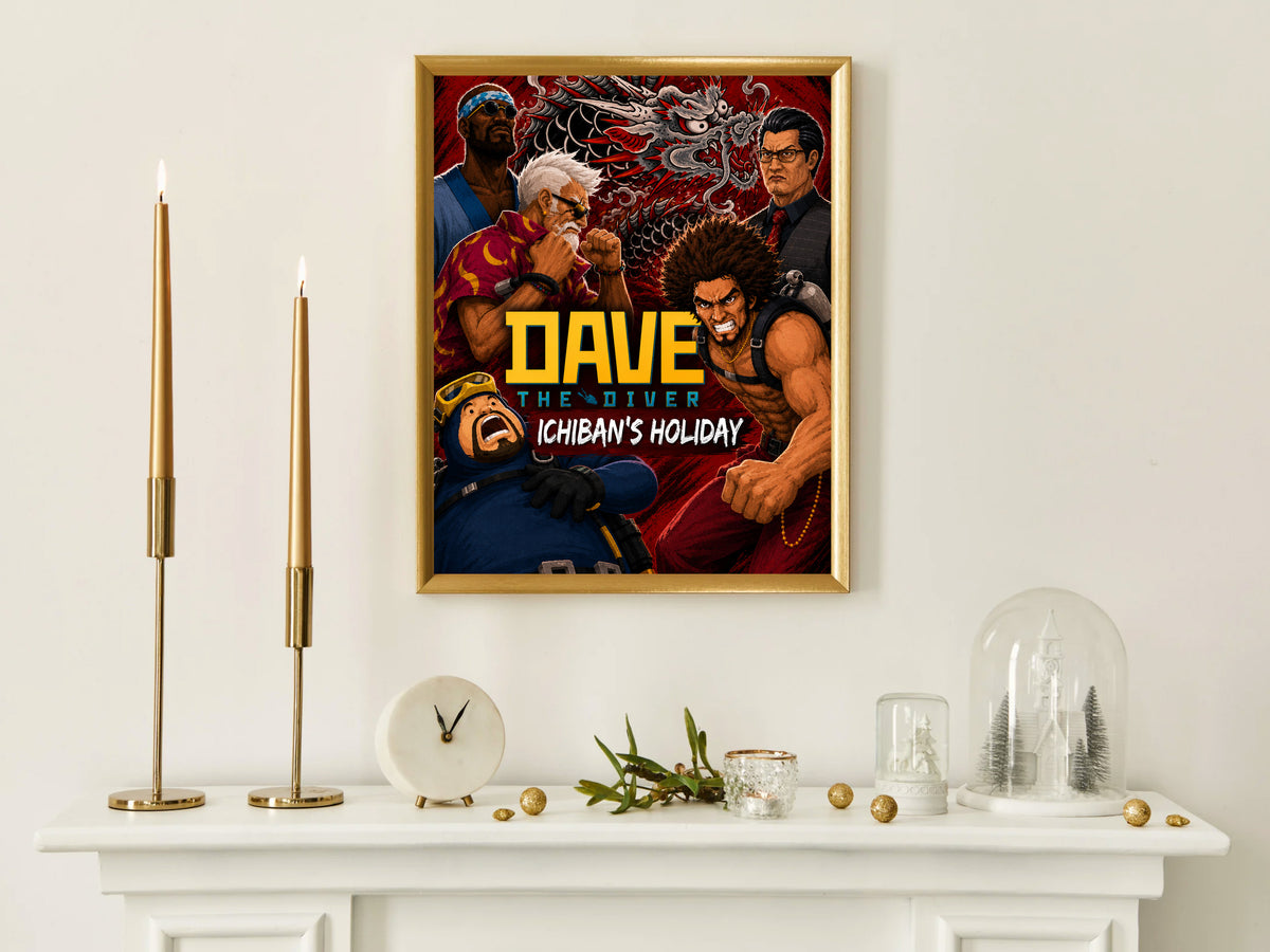 Dave the Diver Ichiban's Holiday Poster, Like a Dragon Crossover Wall Art, Gaming Decor