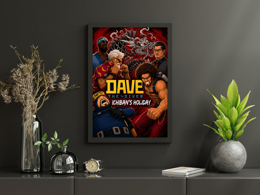 Dave the Diver Ichiban's Holiday Poster, Like a Dragon Crossover Wall Art, Gaming Decor