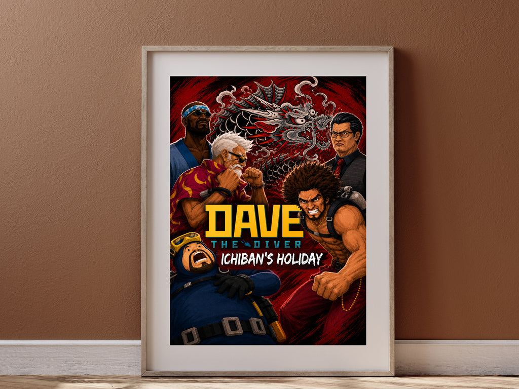 Dave the Diver Ichiban's Holiday Poster, Like a Dragon Crossover Wall Art, Gaming Decor