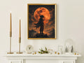 Fiery Moon Warrior Poster, Fantasy Silhouette Wall Art, Orange Moon Gaming Room Decor