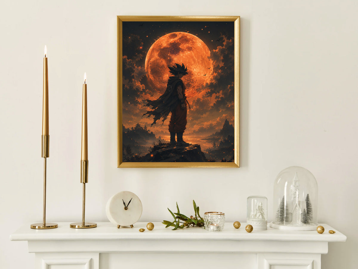 Fiery Moon Warrior Poster, Fantasy Silhouette Wall Art, Orange Moon Gaming Room Decor