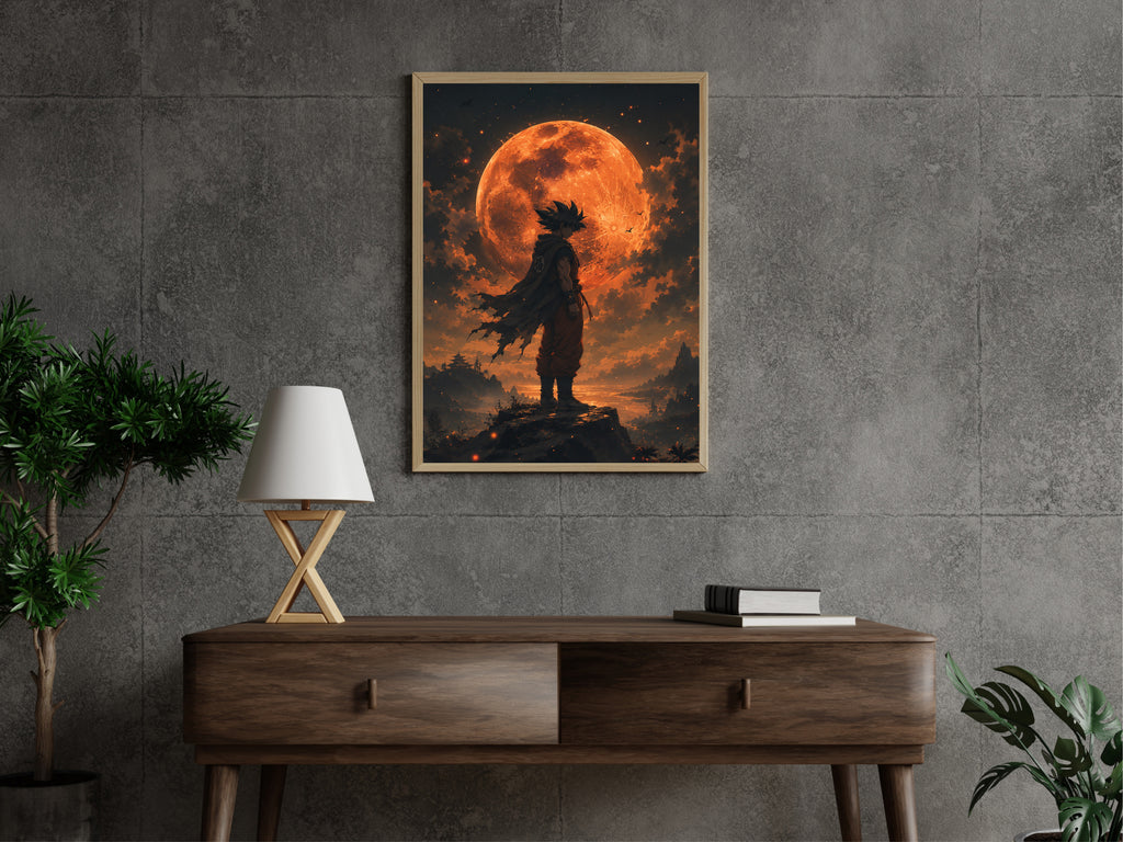 Fiery Moon Warrior Poster, Fantasy Silhouette Wall Art, Orange Moon Gaming Room Decor
