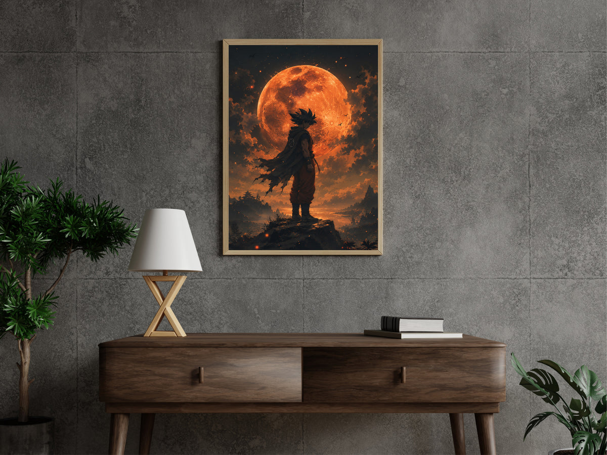 Fiery Moon Warrior Poster, Fantasy Silhouette Wall Art, Orange Moon Gaming Room Decor