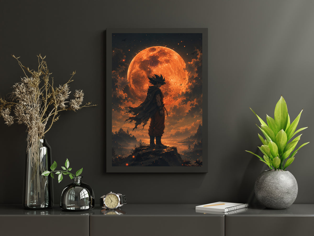 Fiery Moon Warrior Poster, Fantasy Silhouette Wall Art, Orange Moon Gaming Room Decor