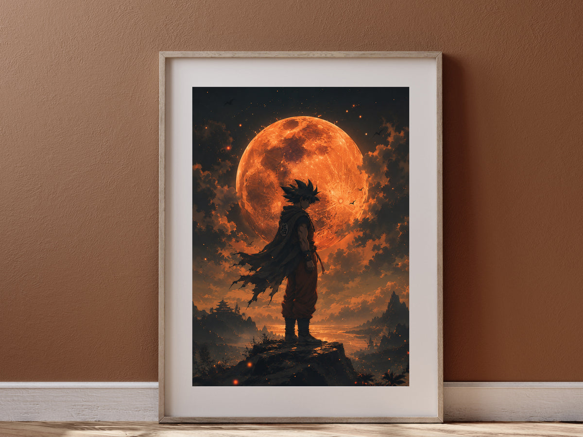 Fiery Moon Warrior Poster, Fantasy Silhouette Wall Art, Orange Moon Gaming Room Decor