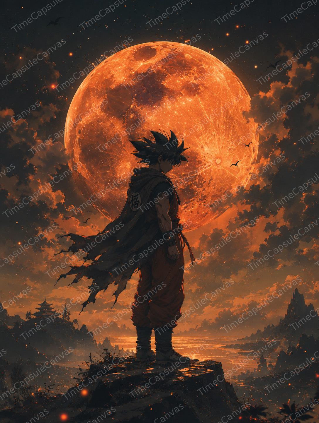 Fiery Moon Warrior Poster, Fantasy Silhouette Wall Art, Orange Moon Gaming Room Decor