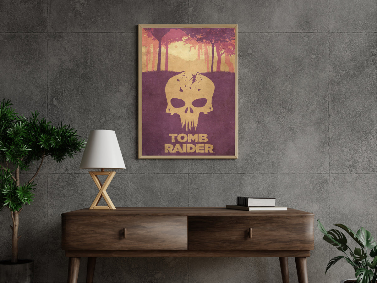 Tomb Raider Inspired Poster, Minimalist Jungle Skull Wall Art, Retro Adventure Gaming Decor